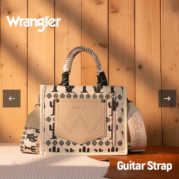Wrangler NWT Southwestern Print Rope Handle Tote Bag In Cream & Green Cactus - Picture 3 of 11